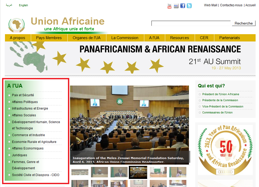 Page d'accueil du site de l' union africaine